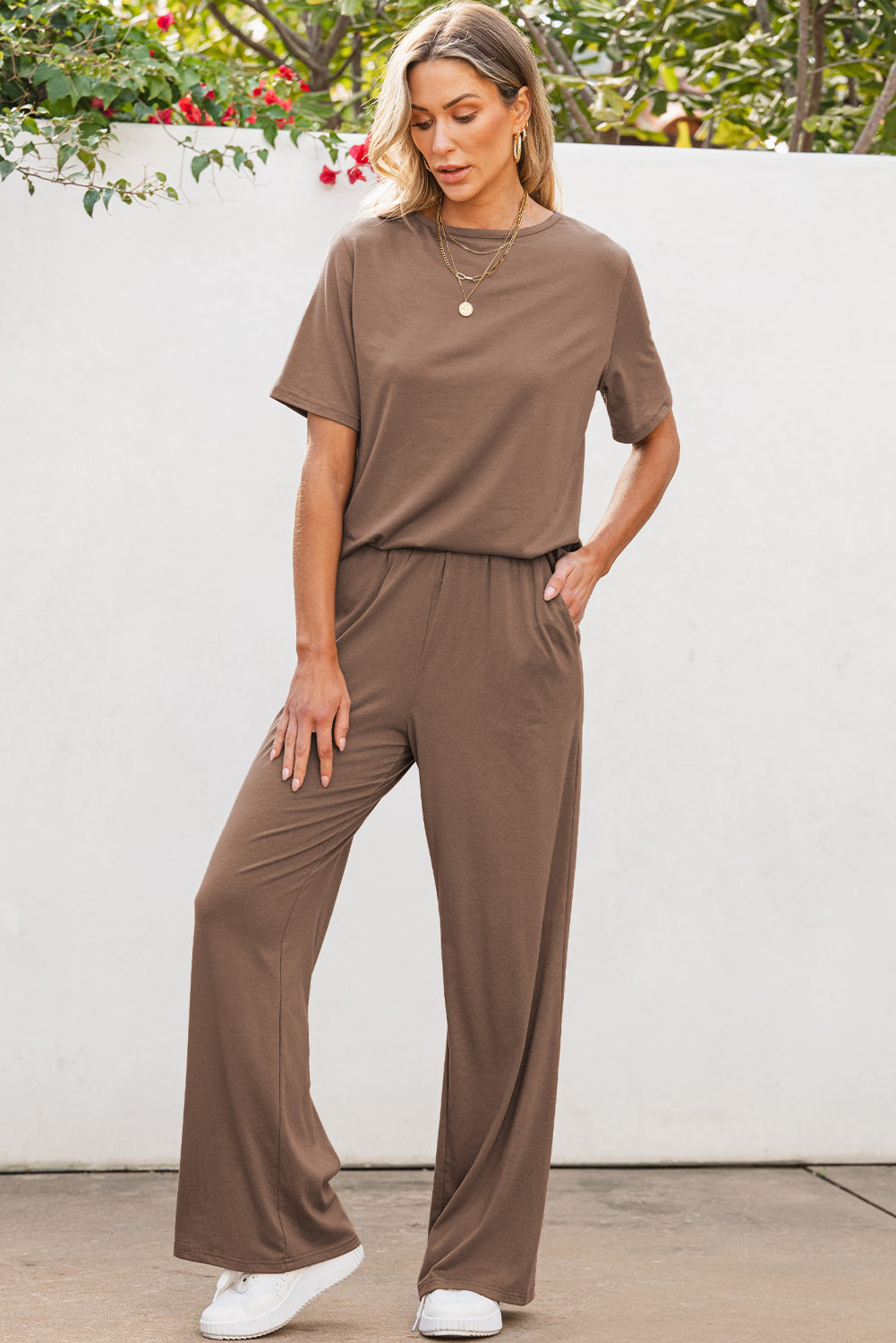 Women's Outfits & SetsSmoke Gray Solid Color T Shirt 2pcs Wide Leg Pants Set - VacationGrabs