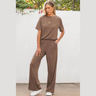 Smoke Gray Solid Color T Shirt 2pcs Wide Leg Pants Set - VacationGrabs