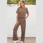 Smoke Gray Solid Color T Shirt 2pcs Wide Leg Pants Set - VacationGrabs
