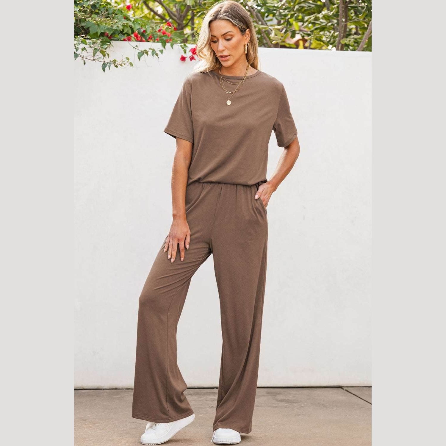 Smoke Gray Solid Color T Shirt 2pcs Wide Leg Pants Set - VacationGrabs