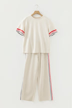 Contrast Stripe Crewneck Top & Straight Pants Set