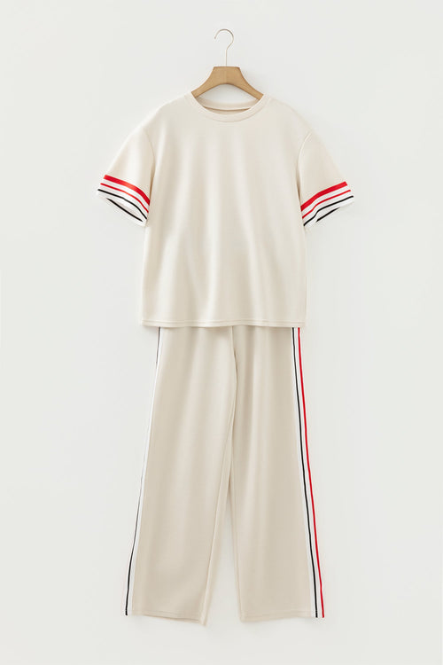 Contrast Stripe Crewneck Top & Straight Pants Set