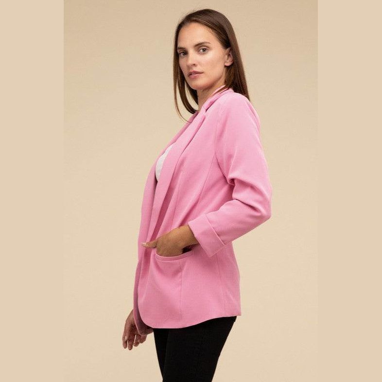 Woven Long Sleeve Open Front Classic Blazer - VacationGrabs