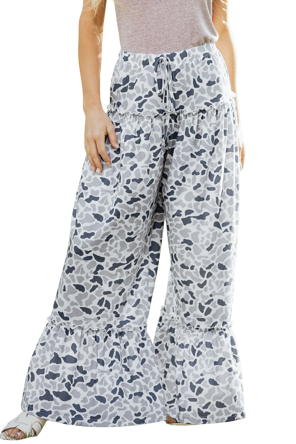 Camo Ruffle Wide Leg Drawstring Pants
