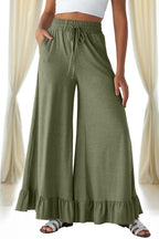 Solid Ruffle Wide Leg High Waist Pants