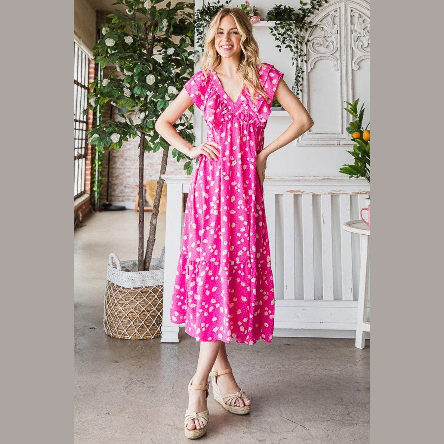 Reborn J Printed V-Neck Ruffle Trim Tiered Midi Dress - VacationGrabs