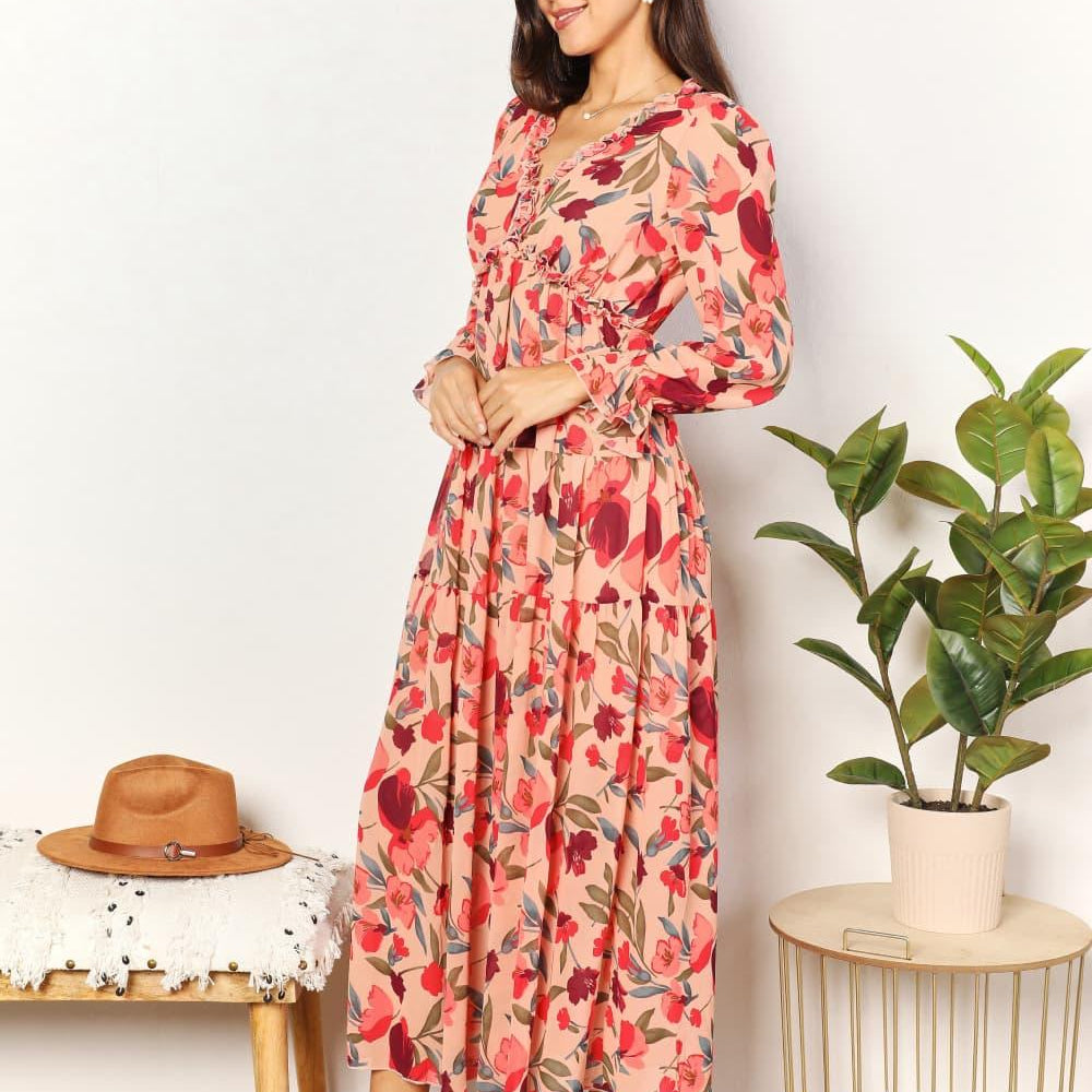 Women's Dresses Double Take Floral Frill Trim Flounce Sleeve Plunge Maxi Dress