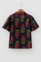 Floral Contrast Slit V-Neck Short Bubble Sleeve Blouse