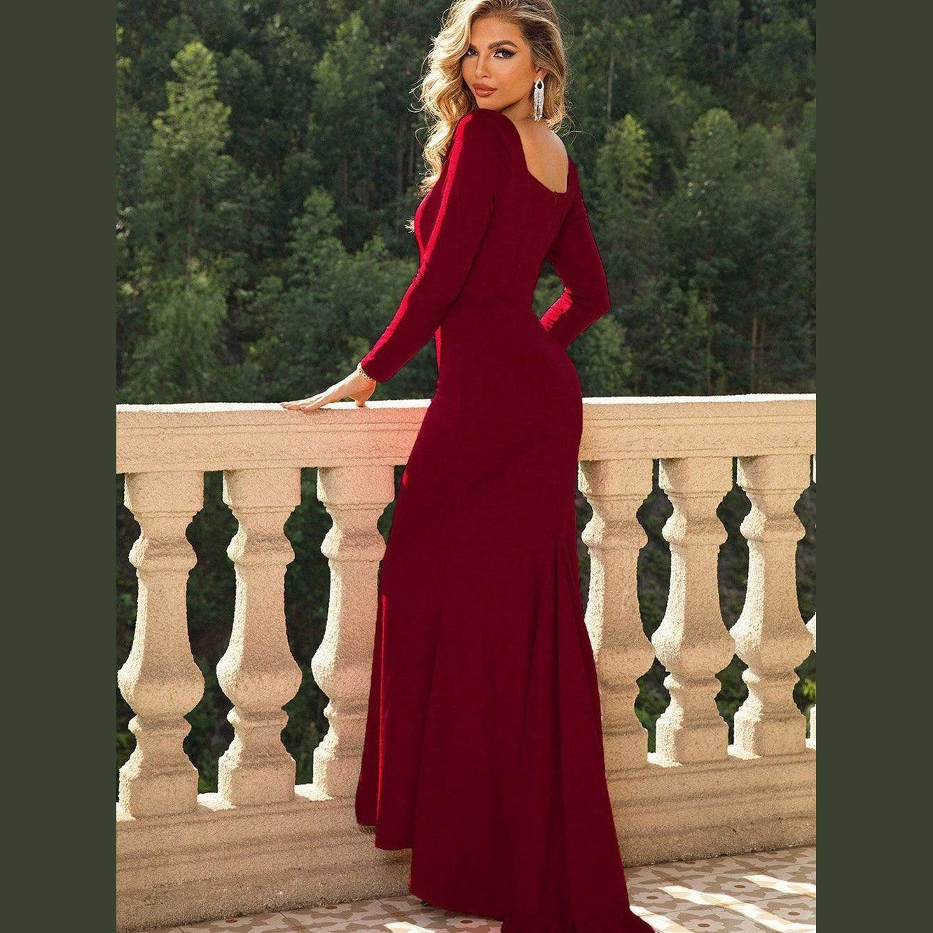 Square Neck Long Sleeve Dress - VacationGrabs