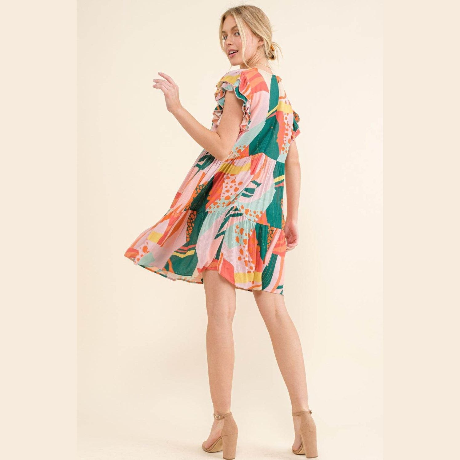 And The Why Printed Double Ruffle Sleeve Dress - VacationGrabs