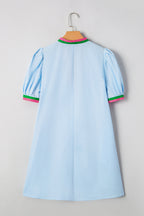 Colorblock Contrast Stripe V-Neck Puff Sleeve Mini Dress