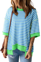 Women's Shirts - T-ShirtsSky Blue Stripe Oversized Contrast Trim Exposed Seam High - VacationGrabs