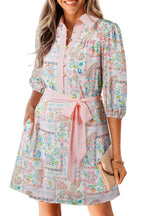 Boho Floral Colorblock 3/4 Sleeve Belted Mini Dress