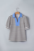 Stripe Colorblock Puff Sleeve Polo Collar Blouse