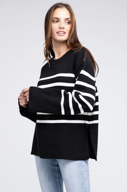 Women's SweatersRibbed Hem Stripe Sweater - VacationGrabs