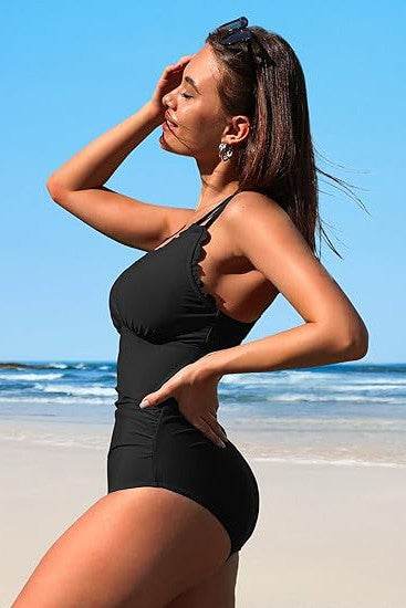 Scalloped V Neck Cut Out Monokini Swimwear - VacationGrabs