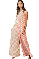 Women's Jumpsuits & RompersOrange Stripe Oversized Buttoned Front Sleeveless Wide Leg - VacationGrabs