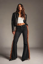 Fringe Bell Bottom Jean in Black Denim
