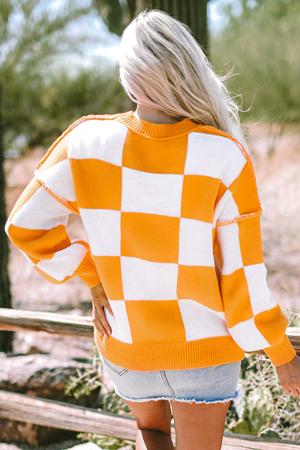 Women's SweatersOrange Checkered Bishop Sleeve Sweater - VacationGrabs