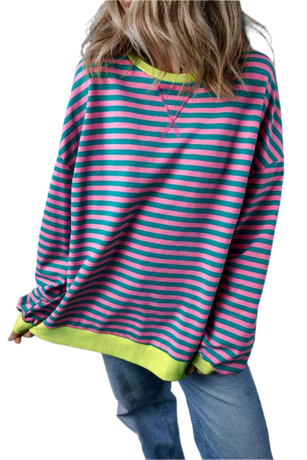 Green Stripe Oversized Contrast Trim Pullover Sweatshirt - VacationGrabs