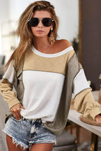 Khaki Exposed Seam Color Block Patchwork Top - VacationGrabs