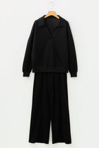Bristol Black Collared V-Neck Pullover Sweatshirt Sweatpants Set