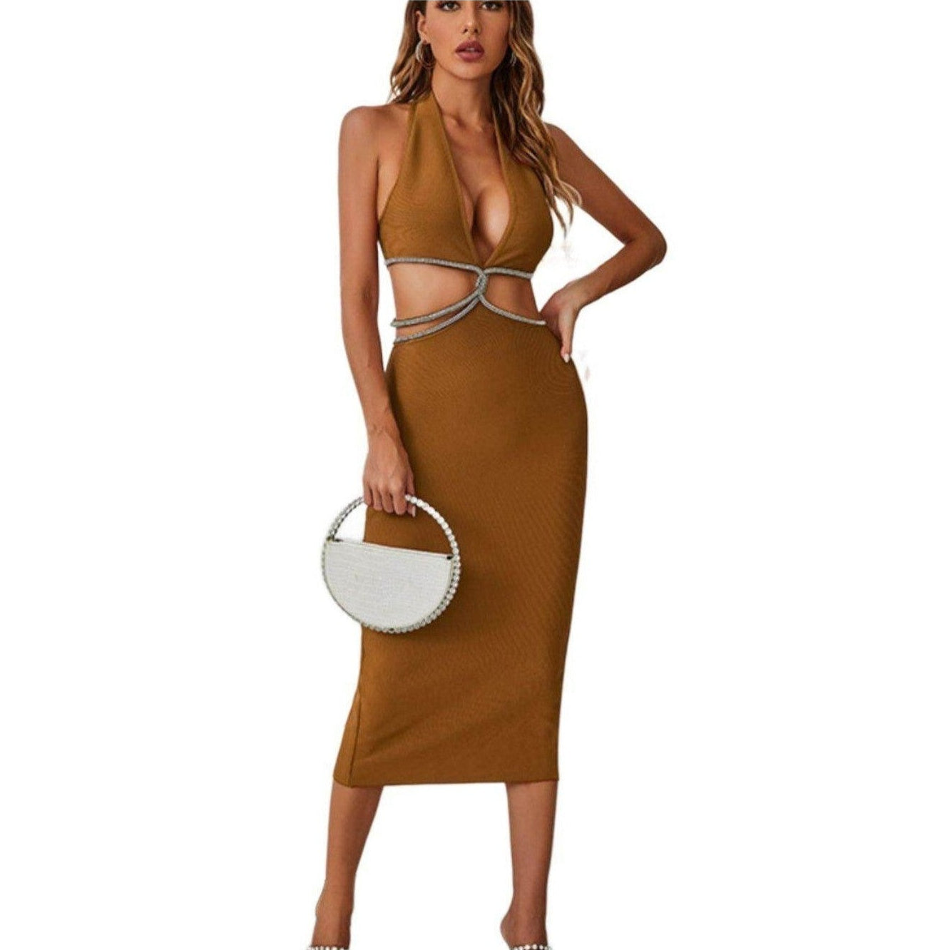 Rhinestone Halter Neck Cutout Slit Midi Dress - VacationGrabs