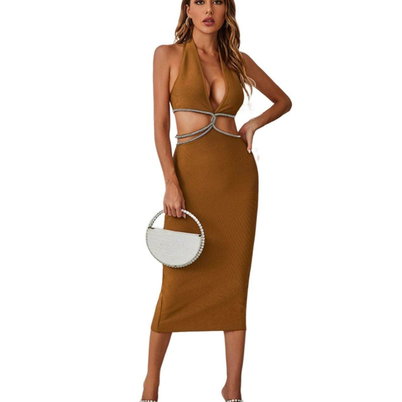 Rhinestone Halter Neck Cutout Slit Midi Dress - VacationGrabs
