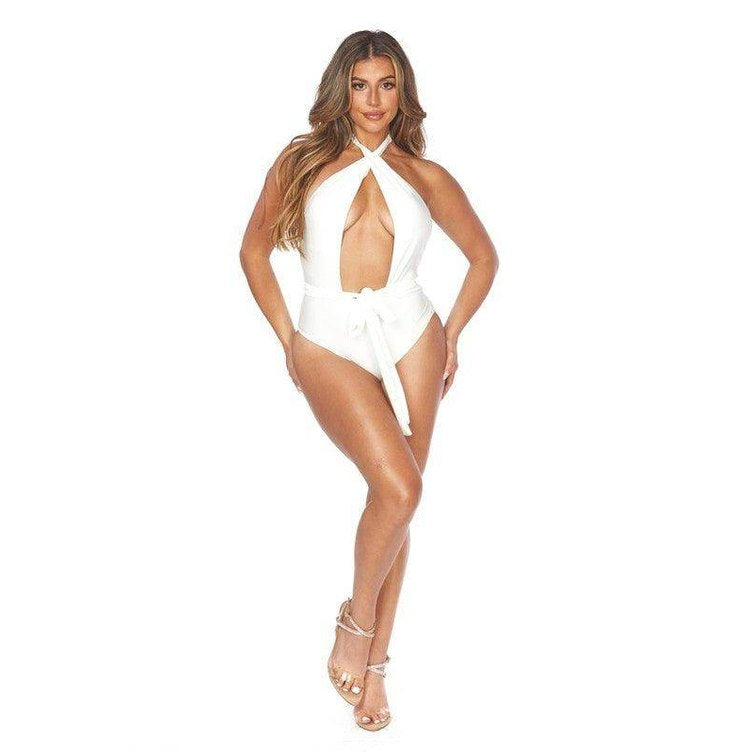 Swimwear - One Piece Criscross Halter Neckline Waist Wrap - VacationGrabs