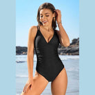 Ruched Bathing Suits Strappy V Neck Monokini - VacationGrabs