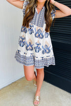 Boho Floral Split Neck Ruffle Mini Dress