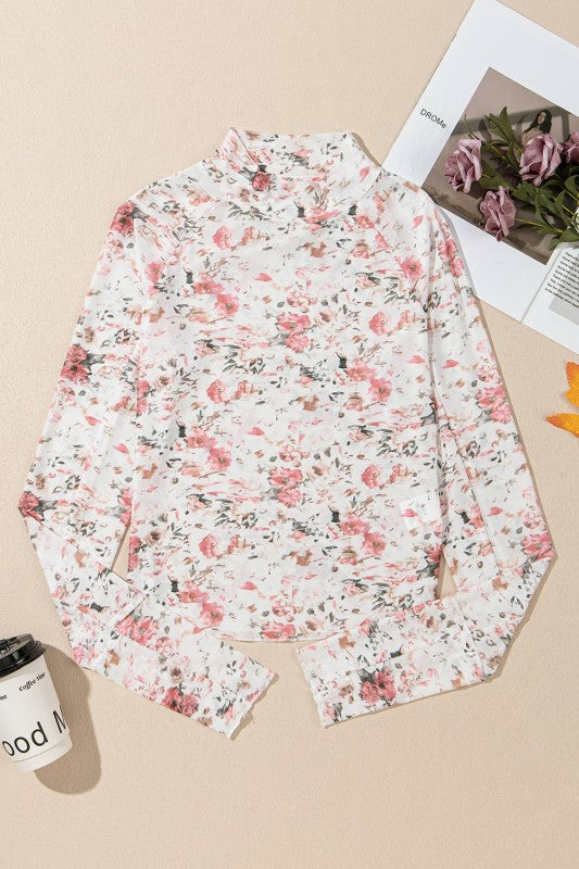 JUNIPER BLVD mock neck floral blouse for women in white with pink floral print and long sleeves