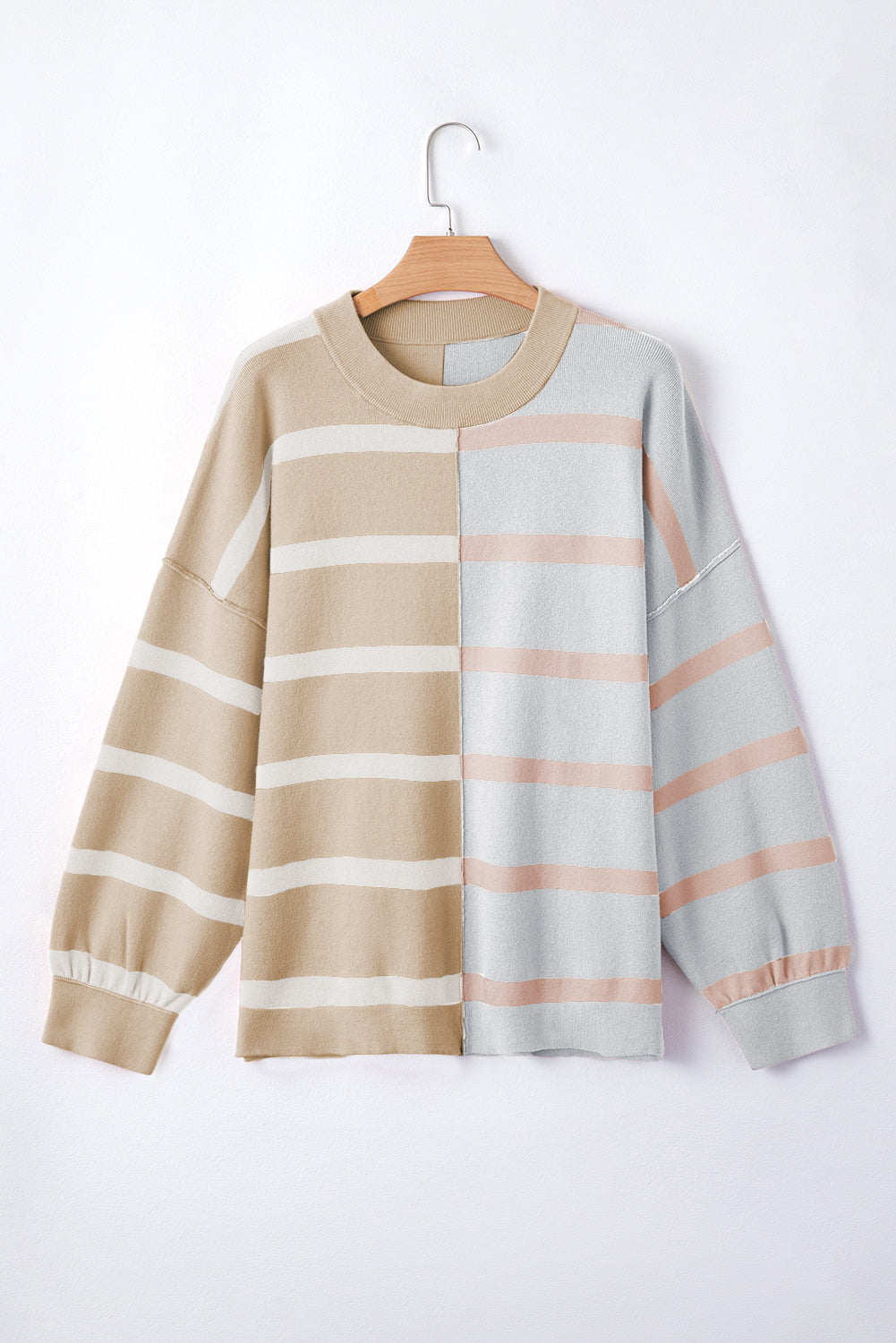 Women's SweatersKhaki Stripe Colorblock Oversized Sweater - VacationGrabs