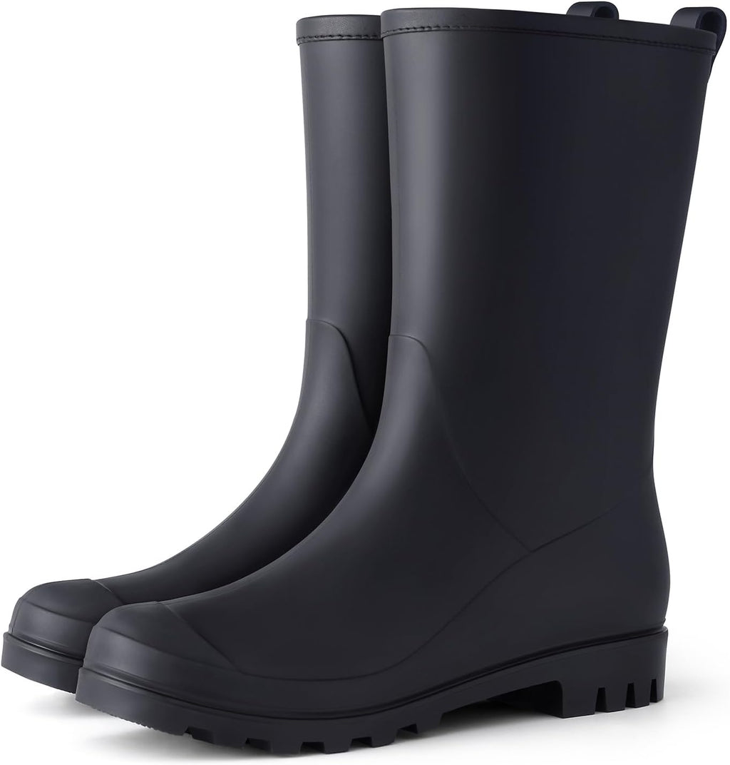 Women's Mid-Calf Waterproof Rubber Rain Boots, Slip-On