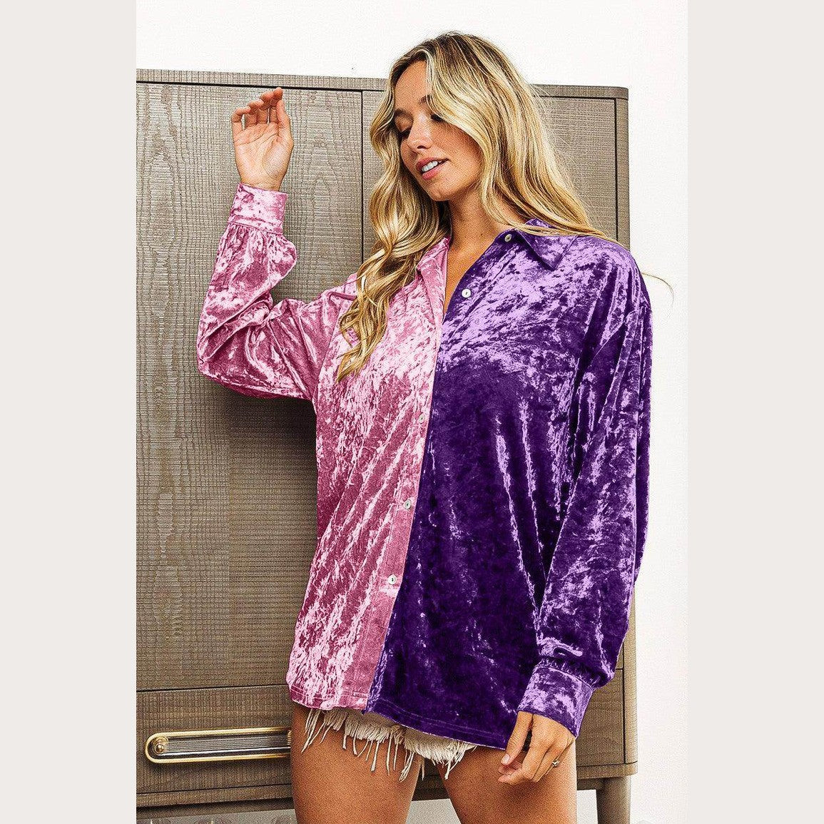 BiBi Contrast Button Up Long Sleeve Shirt - VacationGrabs