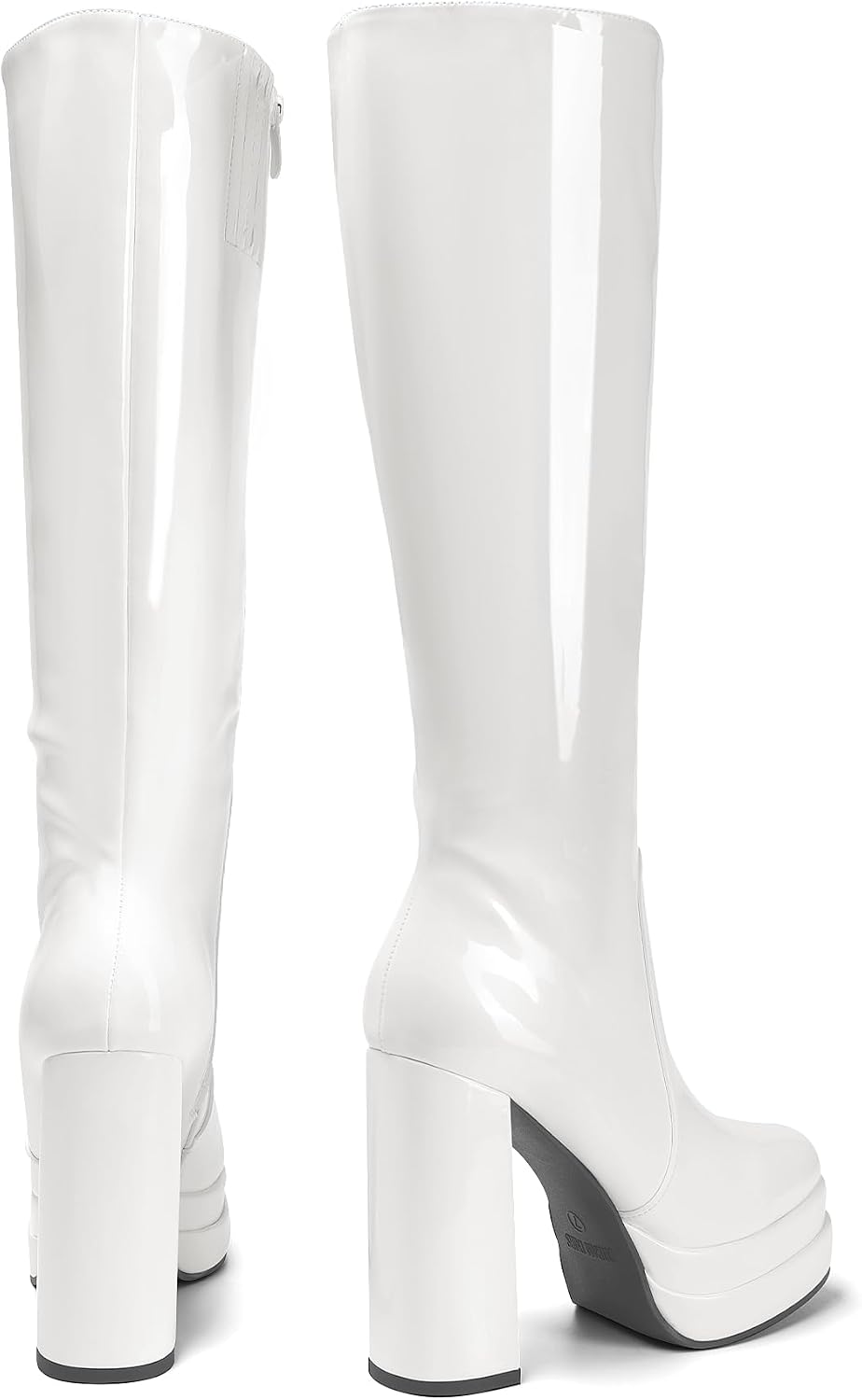 Women's White Gogo Platform Knee High Boots, Patent Finish