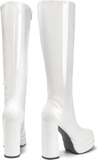 Women's White Gogo Platform Knee High Boots, Patent Finish