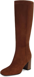 Women's Black Faux Leather Knee High Boots, Chunky Heel