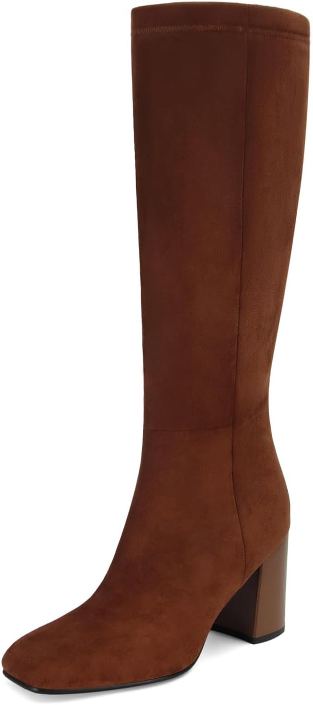 Women's Black Faux Leather Knee High Boots, Chunky Heel