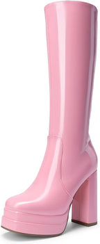 Women's White Gogo Platform Knee High Boots, Patent Finish