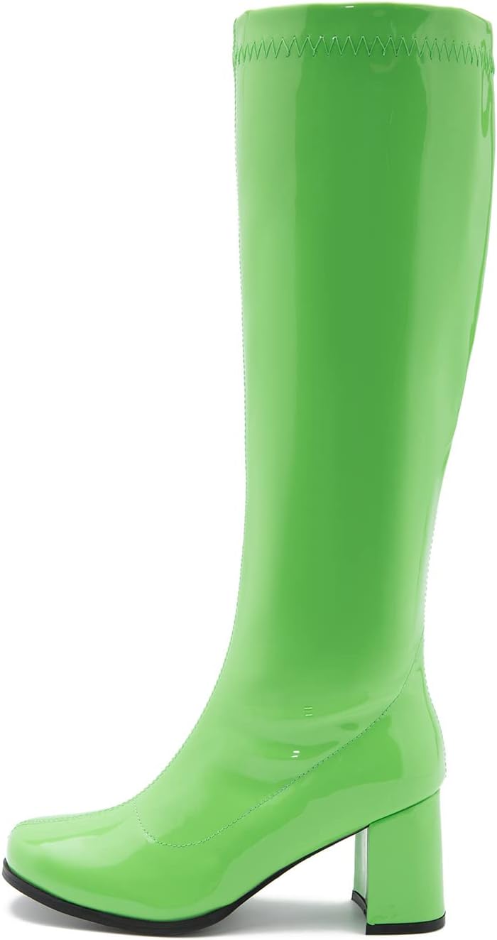 Women's White Gogo Boots, Knee High Block Heel Disco Boots