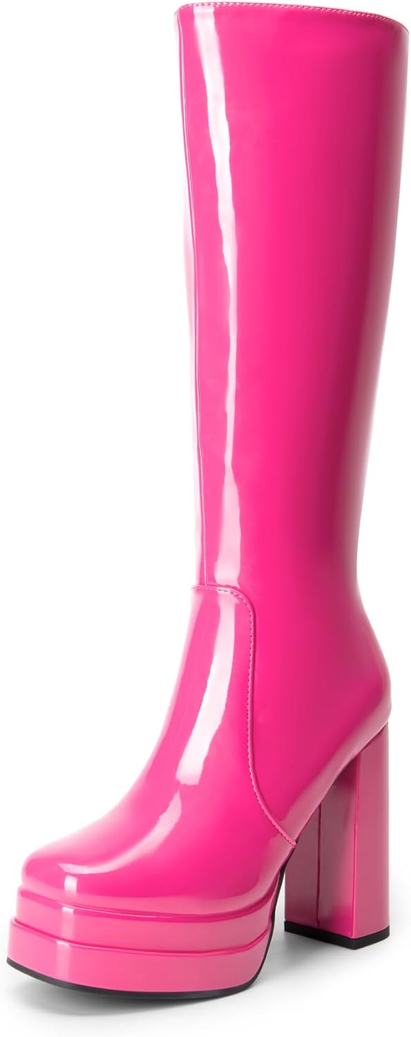 Women's White Gogo Platform Knee High Boots, Patent Finish