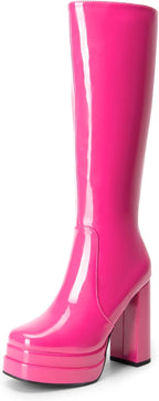 Women's White Gogo Platform Knee High Boots, Patent Finish