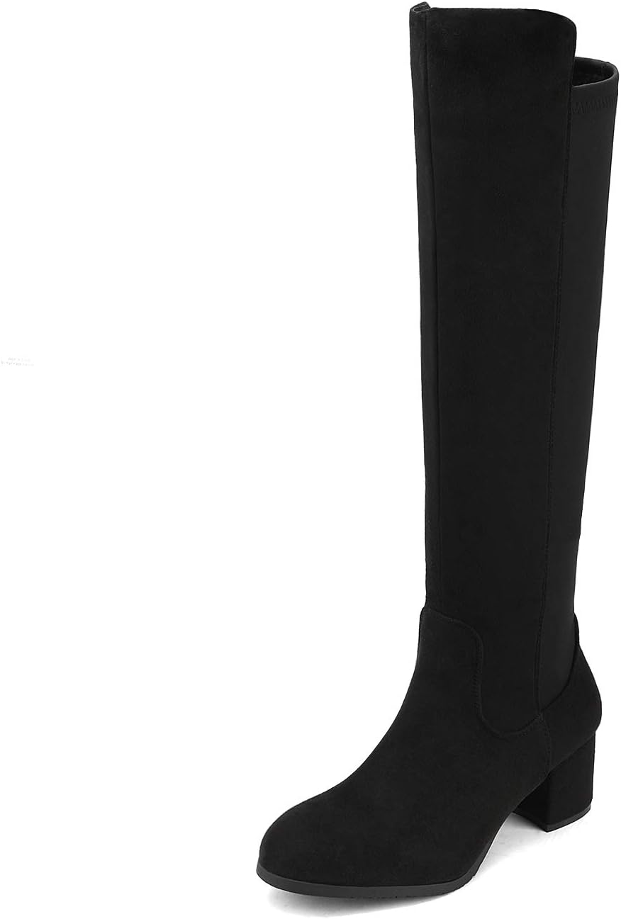 Women's Black Knee High Boots with Stretch & Block Heel
