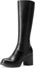 Women's Knee High Platform Boots with Inner Zipper, Round Toe