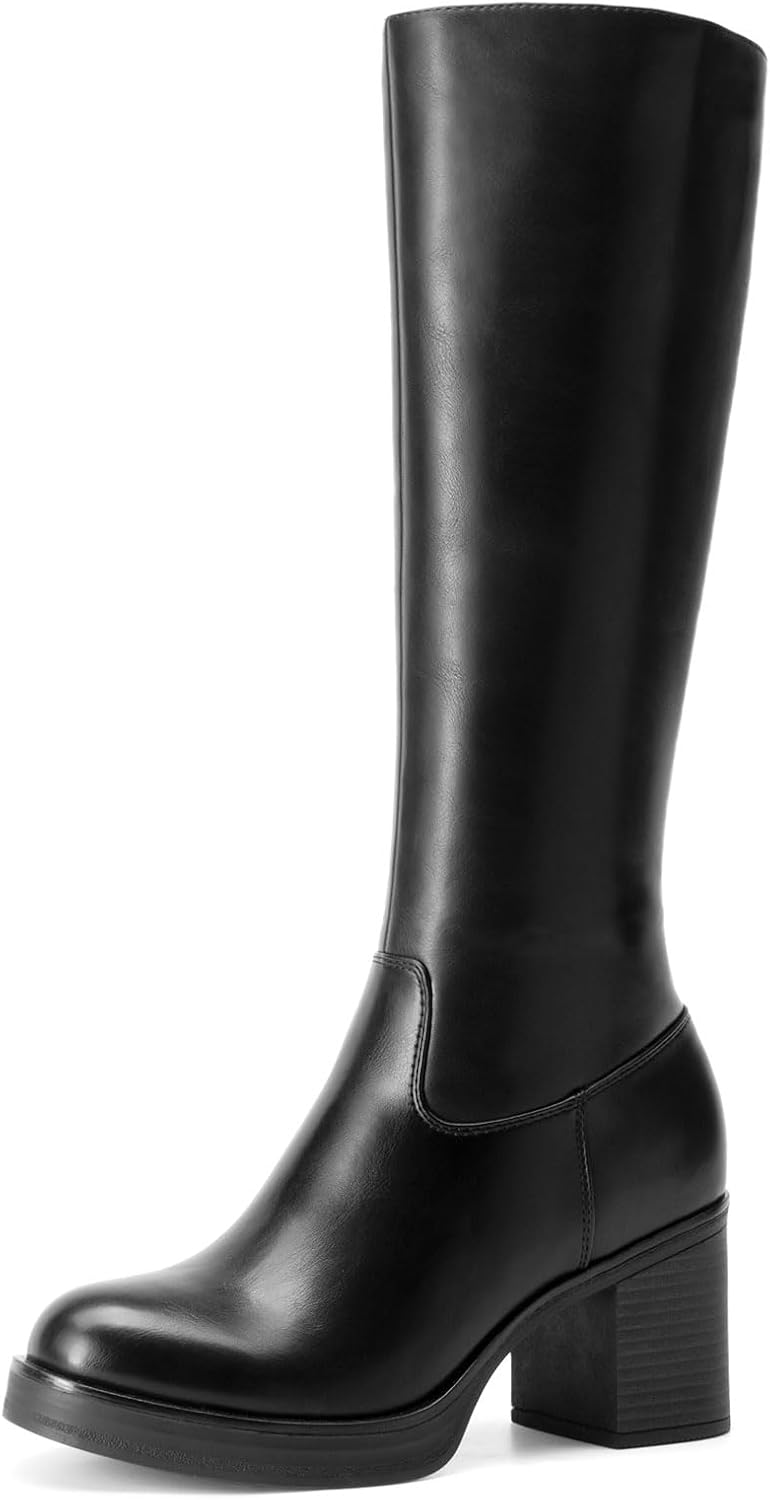 Women's Knee High Platform Boots with Inner Zipper, Round Toe