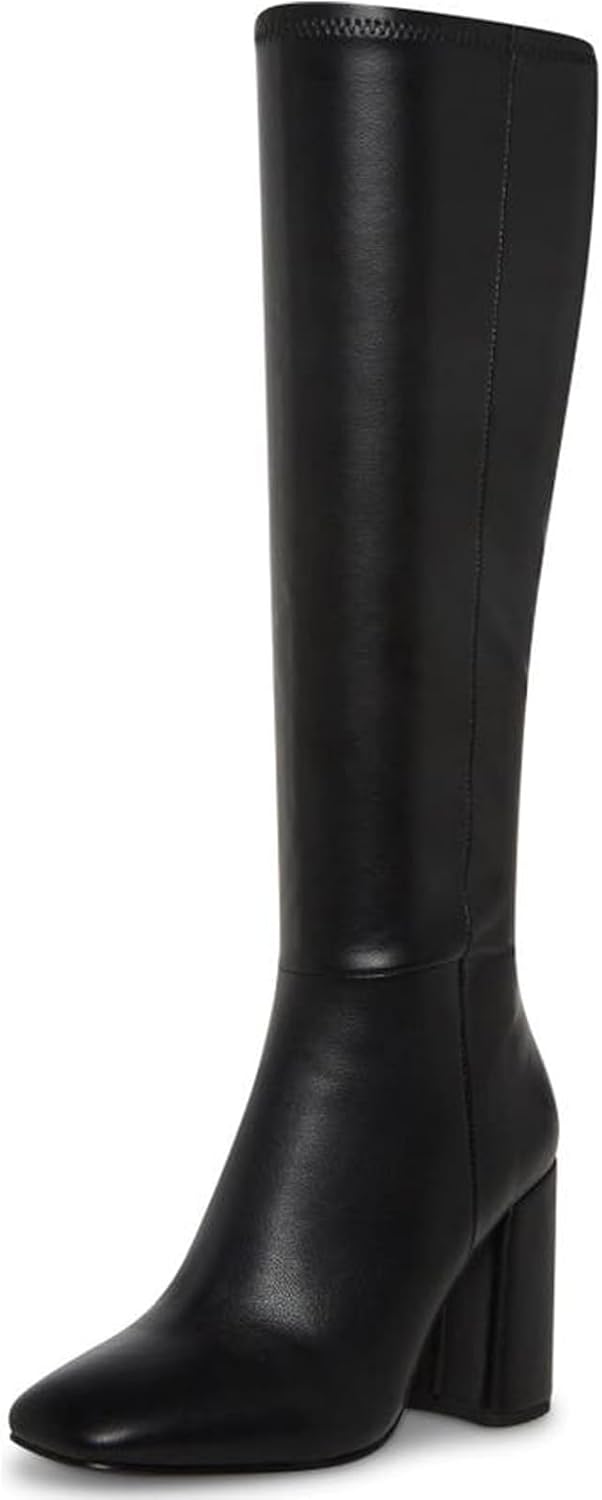 Women's Black Faux Leather Knee High Boots, Chunky Heel