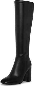 Women's Black Faux Leather Knee High Boots, Chunky Heel