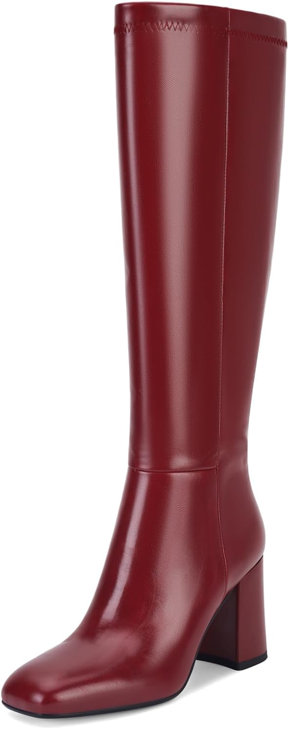 Women's Black Faux Leather Knee High Boots, Chunky Heel