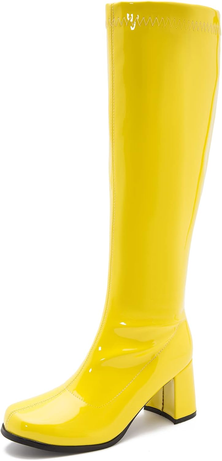 Women's White Gogo Boots, Knee High Block Heel Disco Boots